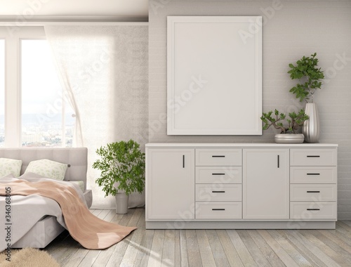 Template of an empty frame on the bedroom wall. Double bed and panoramic windows. Poster on the wall for photos and lettering. Parquet floor and home plants. 3D rendering.