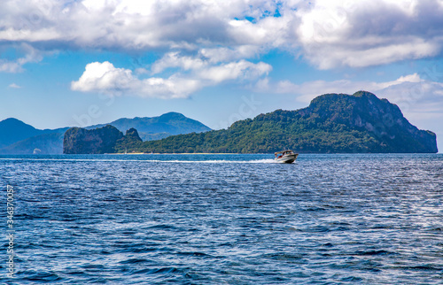Pleasure boat on the waves of the Indian ocean near El Nido island. Palawan, Philippines