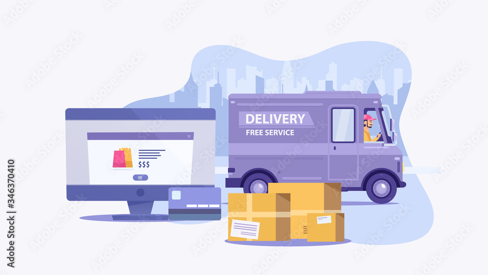 Fototapeta premium Flat cartoon purple delivery van vehicle with driver or courier and laptop or PC on background with city. Free delivery online shopping concept. Element for some quarantine banner. Vector illustration