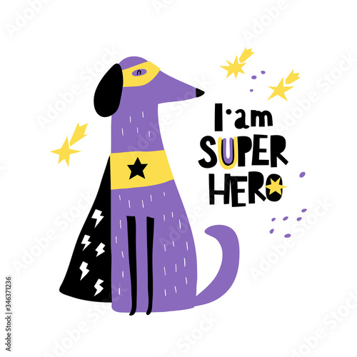 Cute hand drawn dog super hero. Can be used for shirt design, fashion print design, kids wear, textile design, greeting card.
