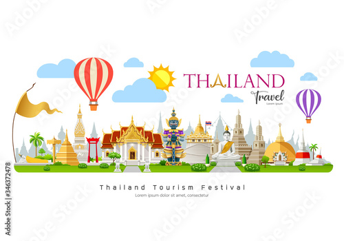 Thailand travel, beautiful building landmark on cloud and sky with Balloon background, vector illustration