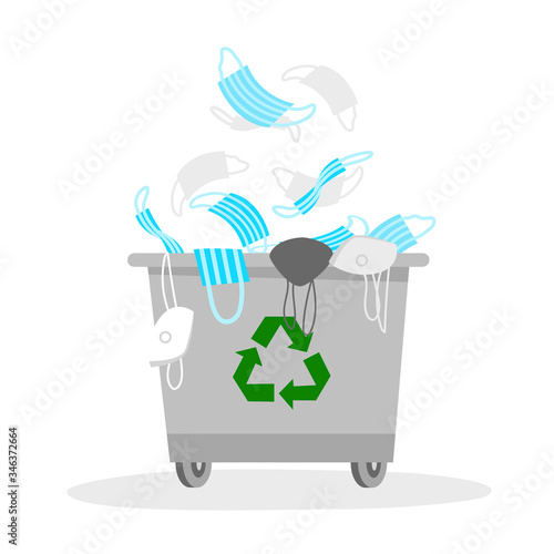 the end of quarantine. trash can with medical masks. stop the virus. vector image