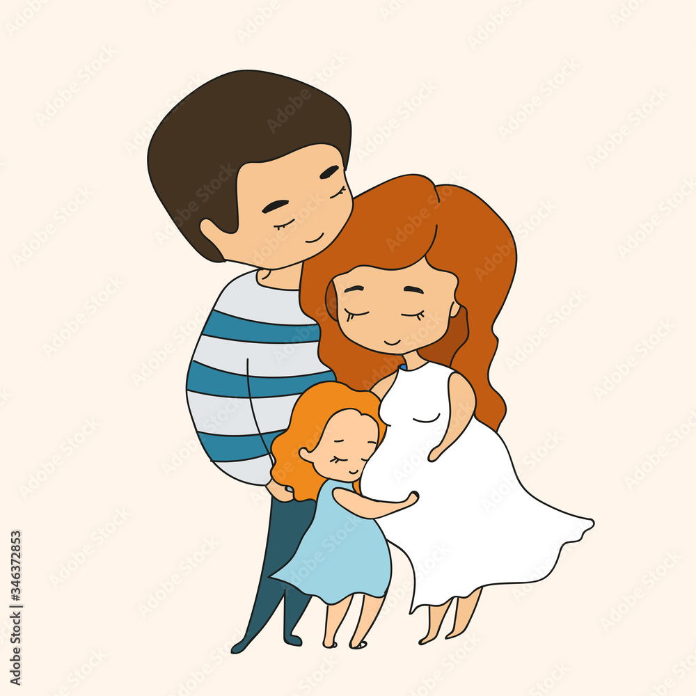 Pregnant mom hugged by dad and little daughter hugging mom's tummy, illustration in doodle style. Vector illustration Pregnant mom hugged by dad and little daughter hugging mom's tummy, illustration in doodle style. Vector illustration
