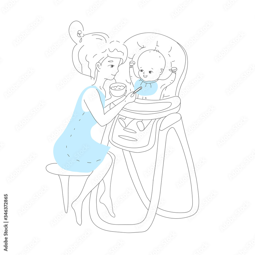 Mom feeds baby from spoon with complementary food, which she holds in her hand in a plate, illustration is made in line art style, in gray with blue elements.Vector illustration Mom feeds baby from spoon with complementary food, which she holds in her hand in a plate, illustration is made in line art style, in gray with blue elements.Vector illustration