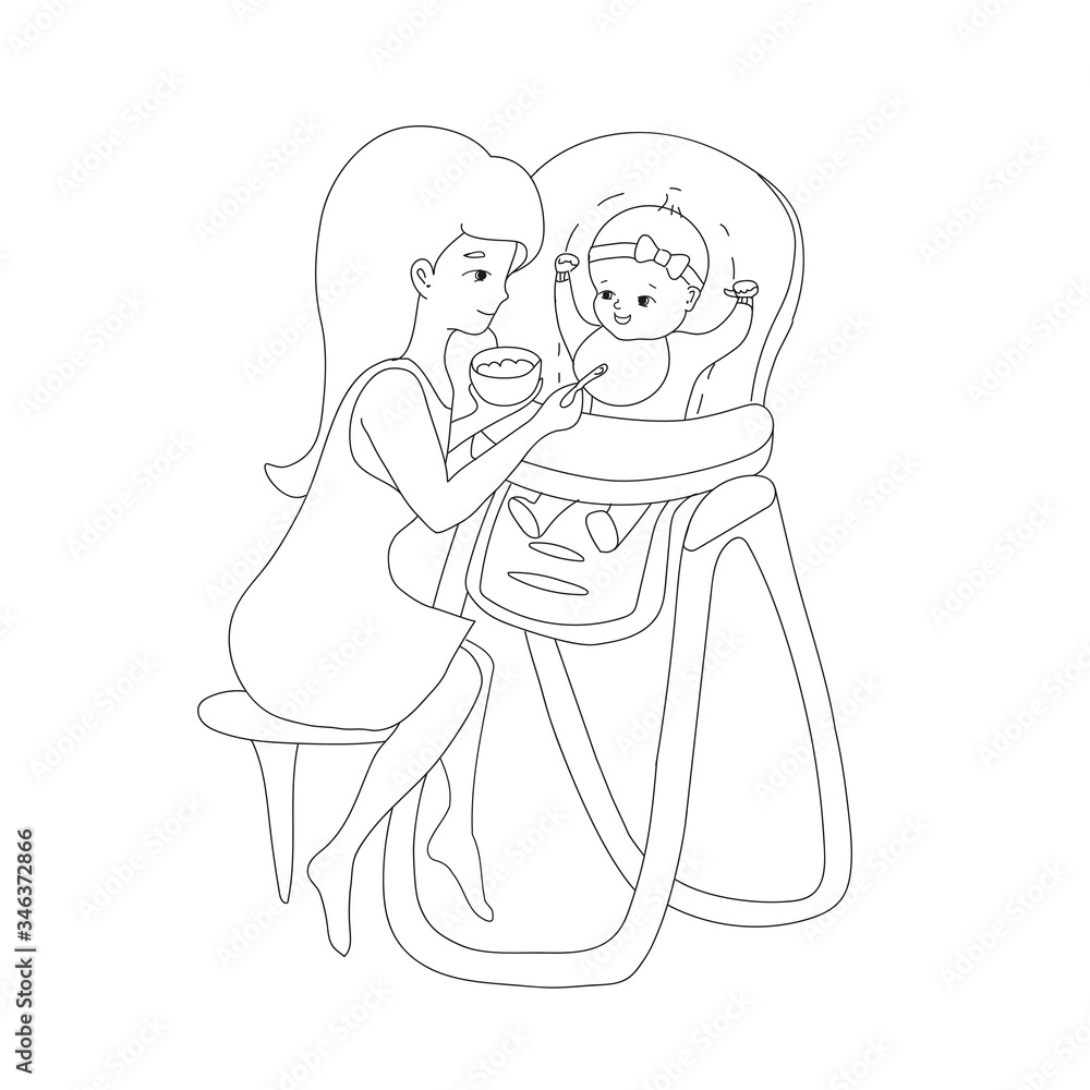 Fototapeta premium Mom feeds baby from spoon with complementary food, which she holds in her hand in a plate, illustration is made in line art style, in gray. Vector illustration