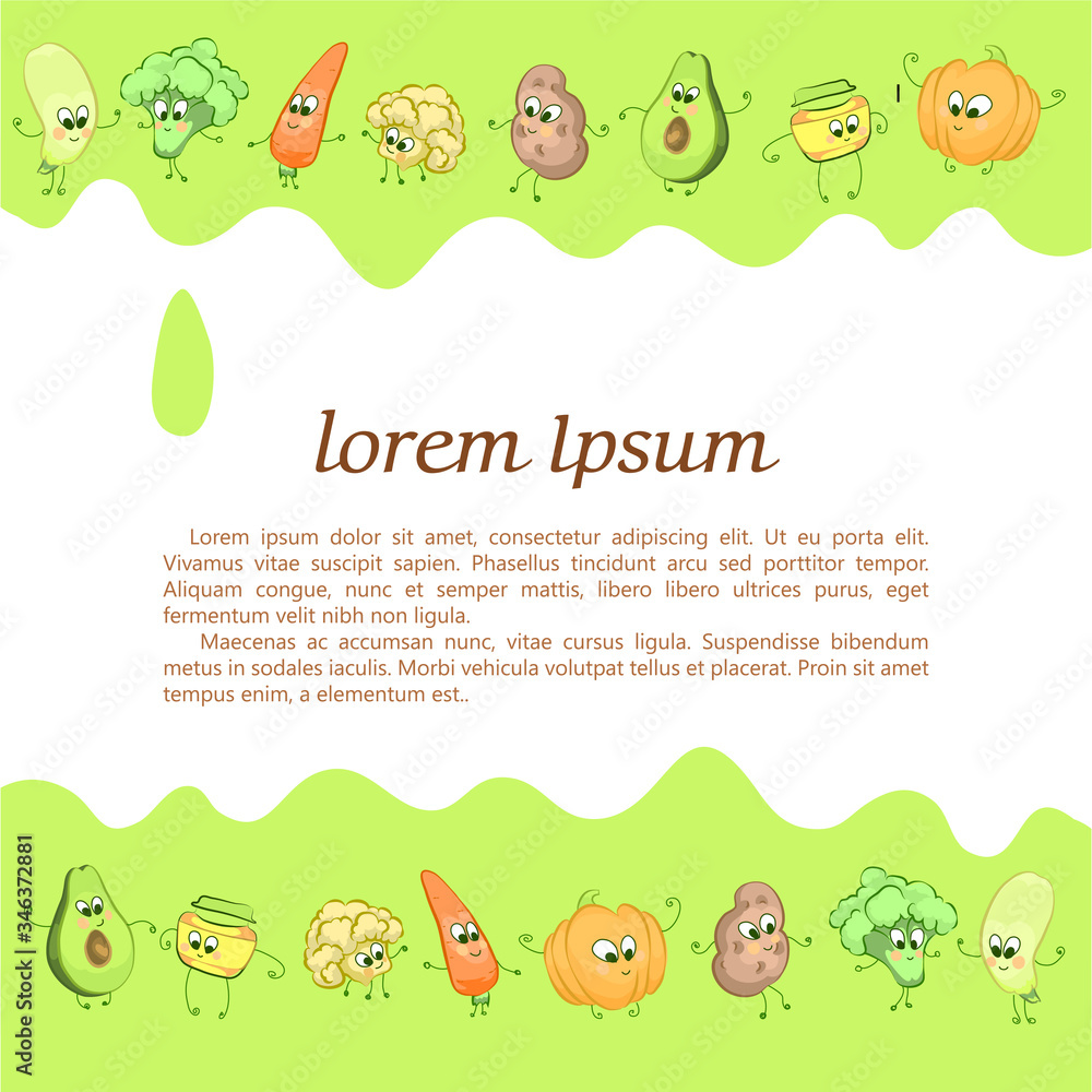 Light green background with baby characters vegetables and baby food bank, outline with colored fillings in cartoon style with place for your text. Vector illustration Light green background with baby characters vegetables and baby food bank, outline with colored fillings in cartoon style with place for your text. Vector illustration
