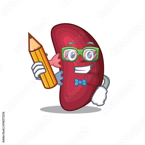 A brainy student human spleen cartoon character with pencil and glasses