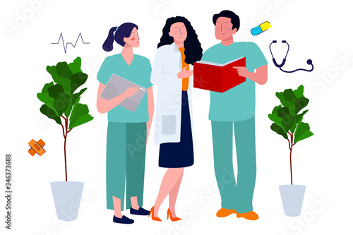 doctors and nurses discuss the diagnosis of the disease by looking at the patient medical records modern vector illustration concept of medical diagnosis