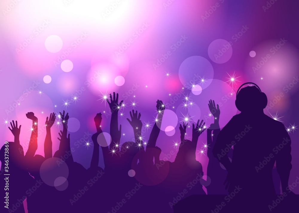 DJ plays for crowd dancing in club abstract illustration. Bokeh purple blur background. DJ plays for crowd dancing in club abstract illustration. Bokeh purple blur background.