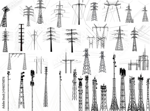 Fényképezés group with thirty nine antenna towers on white