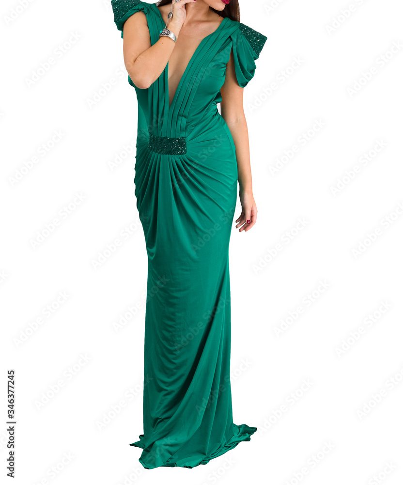Beautiful woman dressed in evening gown over white background Beautiful woman dressed in evening gown over white background
