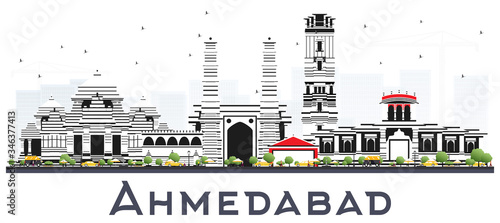 Ahmedabad India City Skyline with Color Buildings Isolated on White.