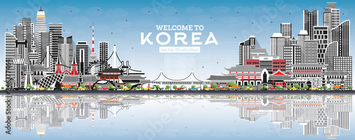 Welcome to South Korea City Skyline with Gray Buildings, Blue Sky and Reflections.