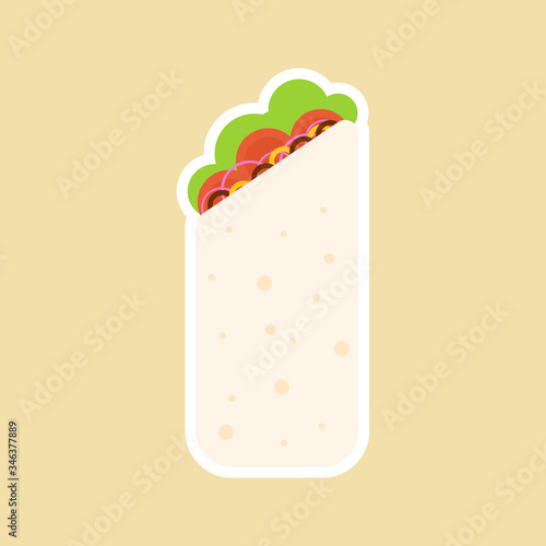 Burrito mexican food flat design vector illustration. Traditional Mexican meal, fast food. Bright and positive clipart, composition.