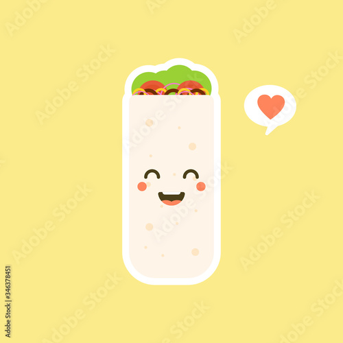 Cute shaurma burrito cartoon comic character with smiling face tasty wrapped fastfood with vegetables and beef happy emoji kawaii hand drawn style classic fast food concept horizontal