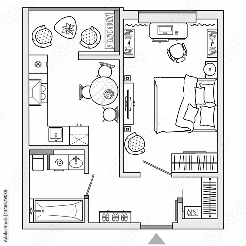 Architectural set of furniture. Design elements for floor plan, premises. Thin lines icons of home equipment, tables, sofa, flowers in top view. Vector isolated