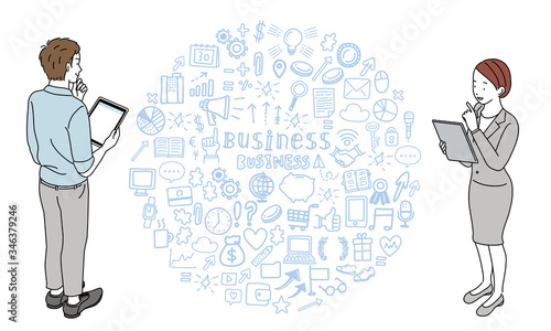 タブレットを持つ男性　女性　ビジネスアイコン　バナー　イラスト
