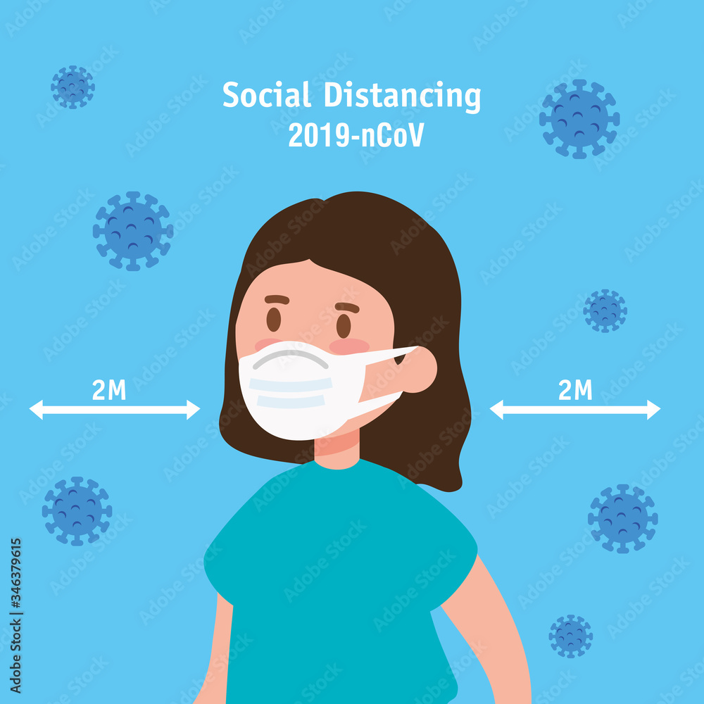 campaign of social distancing for covid 19 with girl using face mask vector illustration design campaign of social distancing for covid 19 with girl using face mask vector illustration design