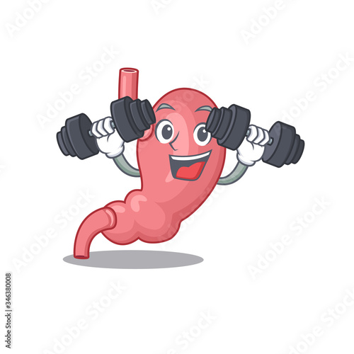 Mascot design of smiling Fitness exercise human stomatch lift up barbells