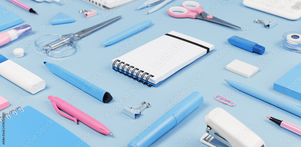 Assorted office and school pink white and blue stationery on pastel background as border. Top view with copy space. back to school or education and craft concept. Blue monochrome banner. Notepad Assorted office and school pink white and blue stationery on pastel background as border. Top view with copy space. back to school or education and craft concept. Blue monochrome banner. Notepad