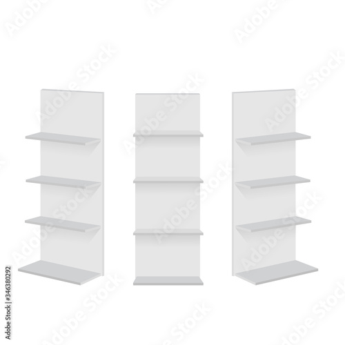 Blank empty showcase display with retail shelves. Vector mock up