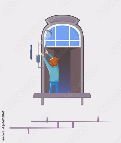 Neighbors in windows of old house. House building facade with open windows and with people. Man leaned out of window, sets up street antenna for TV and Internet. Quarantine concept vector