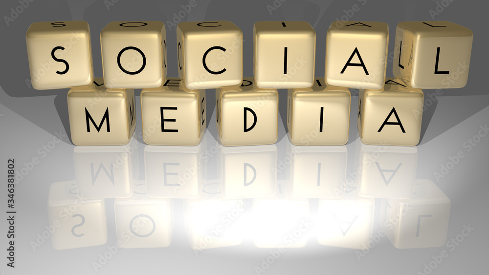 Social Media arranged by golden cubic letters on a mirror floor, concept meaning and presentation Social Media arranged by golden cubic letters on a mirror floor, concept meaning and presentation
