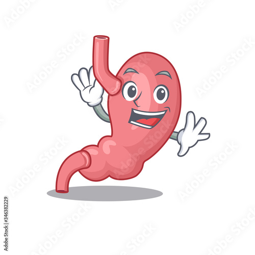 A charismatic human stomatch mascot design style smiling and waving hand