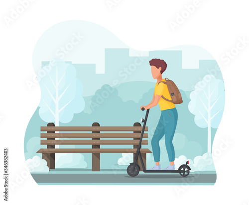 Young man on electric scooter in the park. Ecology transport concept. Vector illustration.