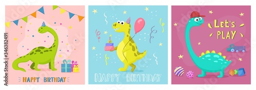 Set of Happy Birthday greeting cards with cute dinozaurs. Design for card of birthday, anniversary, party invitation, scrapbooking. Vector illustration. © y.s.graphicart