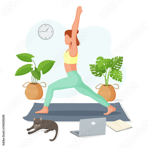 Woman doing workout at home. Yoga and fitness, healthy lifestyle. Vector illustration.