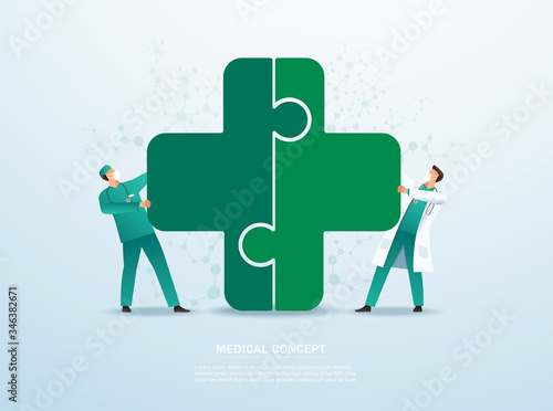 Teamwork concept. doctor putting the puzzle medical icon together vector illustration EPS10