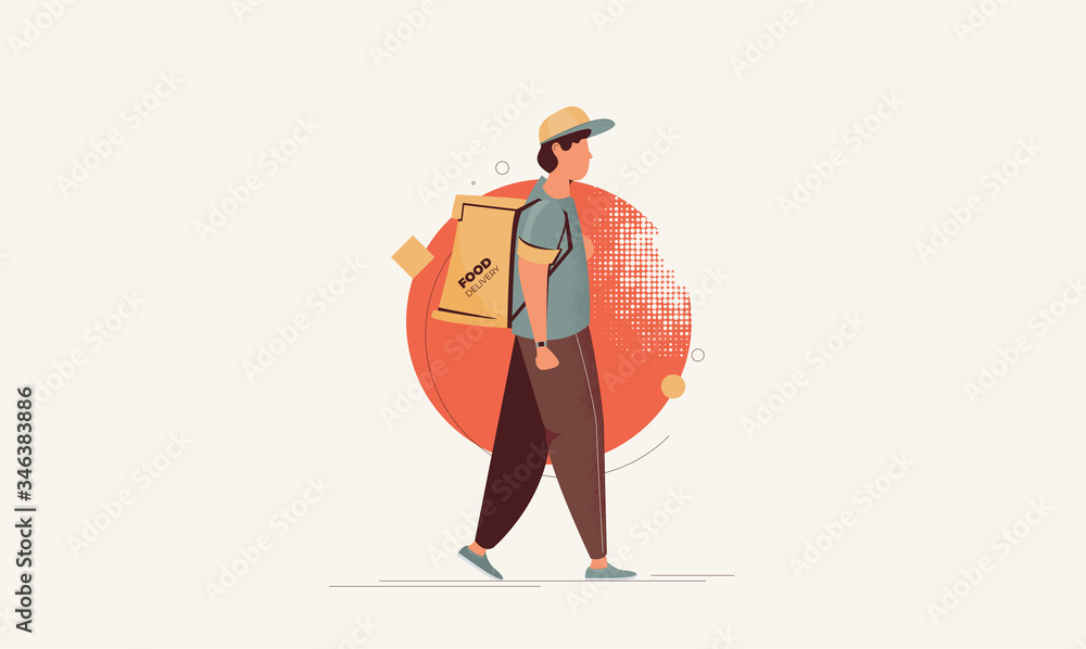 Food delivery man with bag flat vector