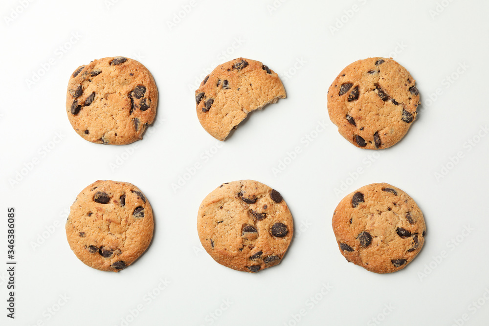 Flat lay with chocolate chip cookies on white background Flat lay with chocolate chip cookies on white background