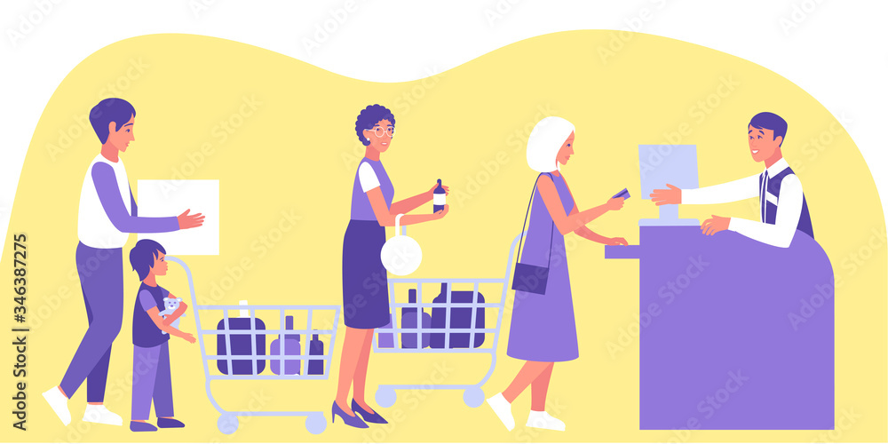 Male and female customers stand at queue at the checkout. Family shopping in supermarket and paying with card. Sale, discount, special offer concept.  Flat vector illustration.