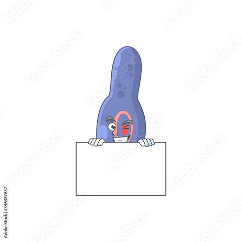 Sneaky clostrisium botulinum cartoon character style hiding behind a board