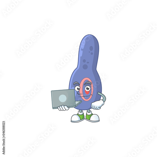 Diligent clostrisium botulinum mascot design style working from home with laptop