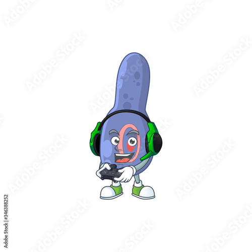 A cartoon design of clostrisium botulinum talented gamer play with headphone and controller