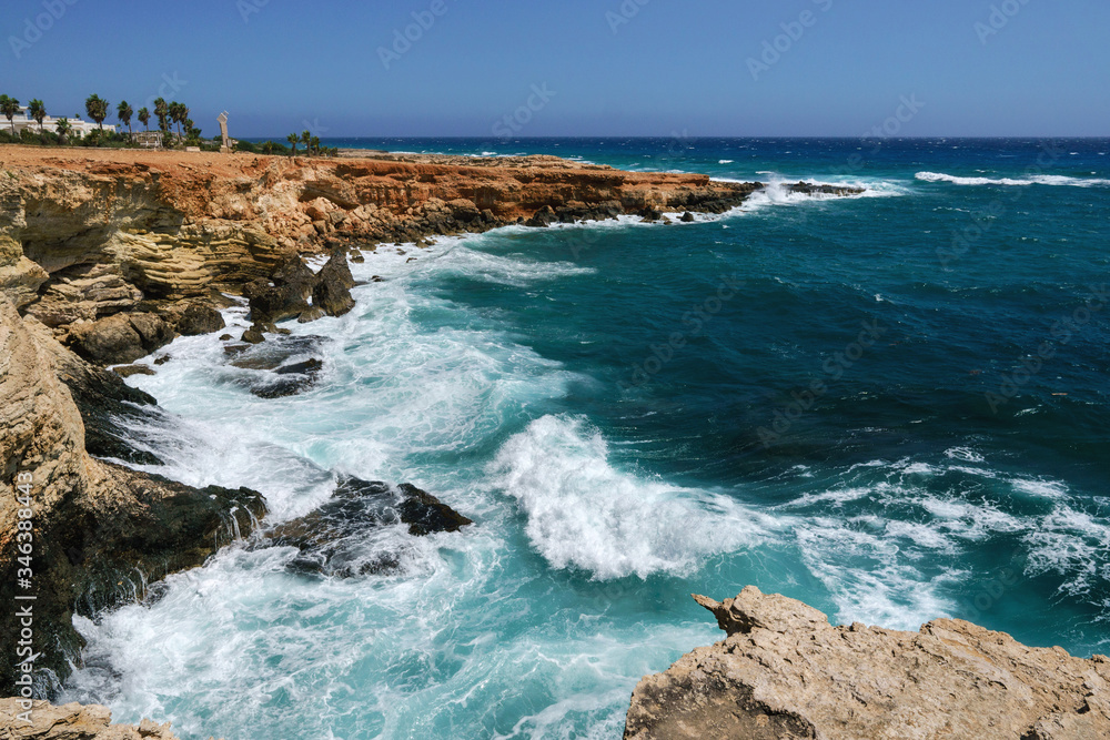 Mediterranean Sea View. Strong wave near the rocks