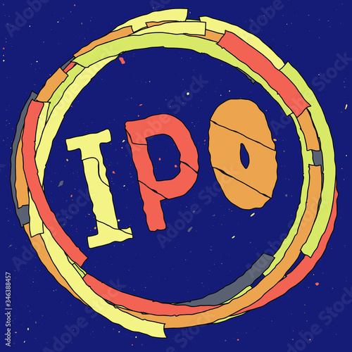 IPO abbreviation of Initial Public Offering, business concept, funny cartoon frame around the word. Orange, yellow, grey colors. Isolate stock vector illustration. photo