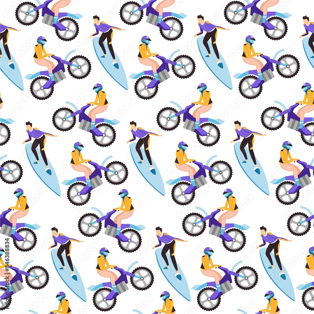 Motorbike and surfing extreme sports seamless pattern vector