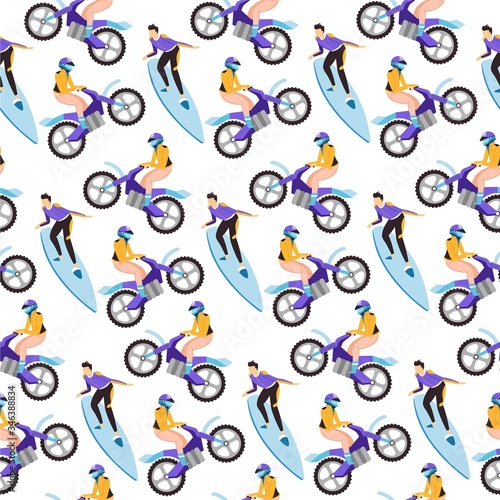 Motorbike and surfing extreme sports seamless pattern vector