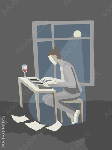 Vector illustration of a young woman playing piano in moonlight with a glass of wine
