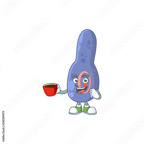 An image cartoon character of clostrisium botulinum with a cup of coffee