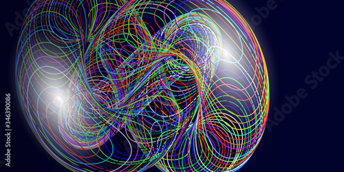 Abstract black background with colorful curved lines. Lines on spherical transparent form. Vector illustration.