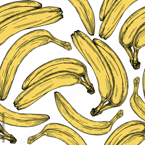 Seamless pattern with freehand drawing banana fruits isolated on white background. Summer tropical pattern for print, textile, wrapping paper, brochure. Floral template, exotic cover.