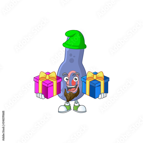 A smiling clostrisium botulinum cartoon design having Christmas gifts