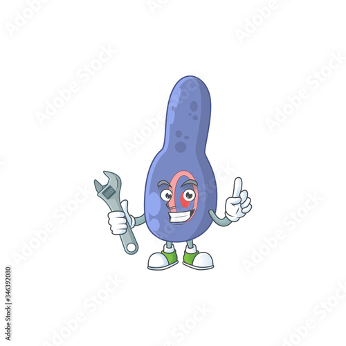 A mechanic clostrisium botulinum mascot character fix a broken machine