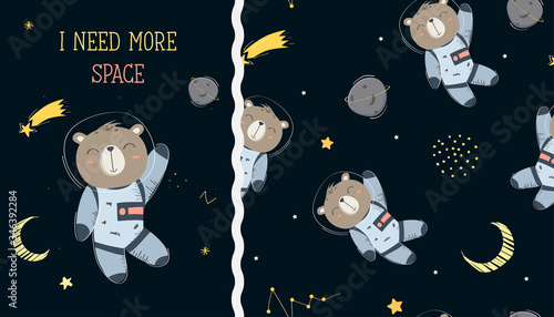 Seamless pattern of hand drawn bear with space concept and card design with astronaut of bear