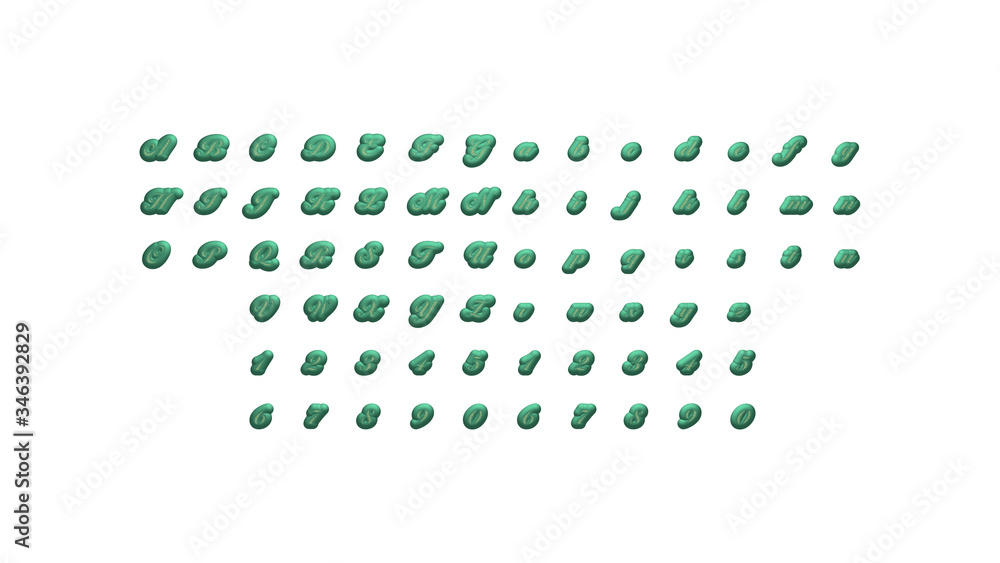 3D alphabets and numbers with matching perspectives on each side for building words with detailed calligraphy on a white 3D alphabets and numbers with matching perspectives on each side for building words with detailed calligraphy on a white